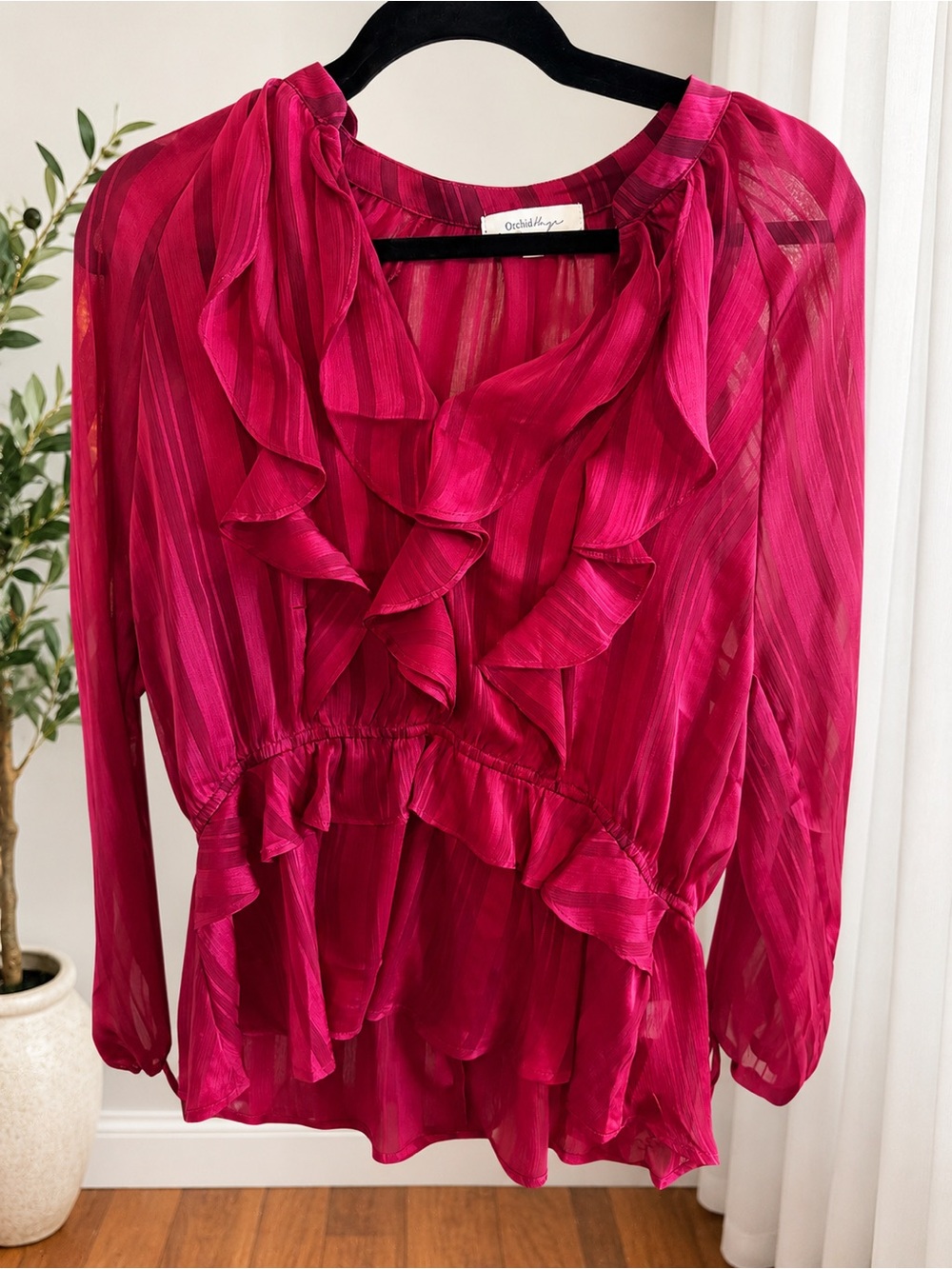 Chiffon Ruffle V-Neck Blouse - Magenta
